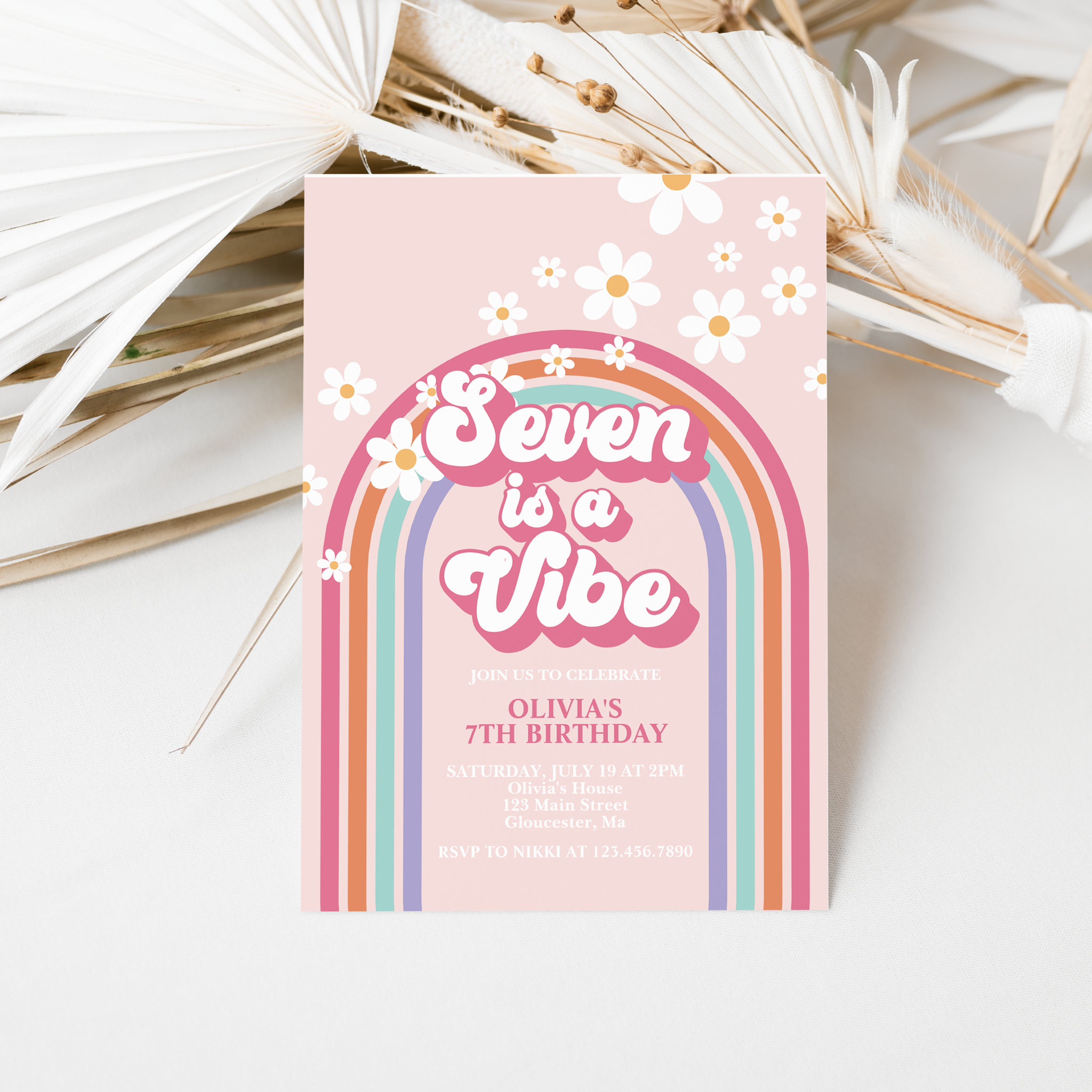 Retro Rainbow Seven is a Vibe 7th Birthday Invitation