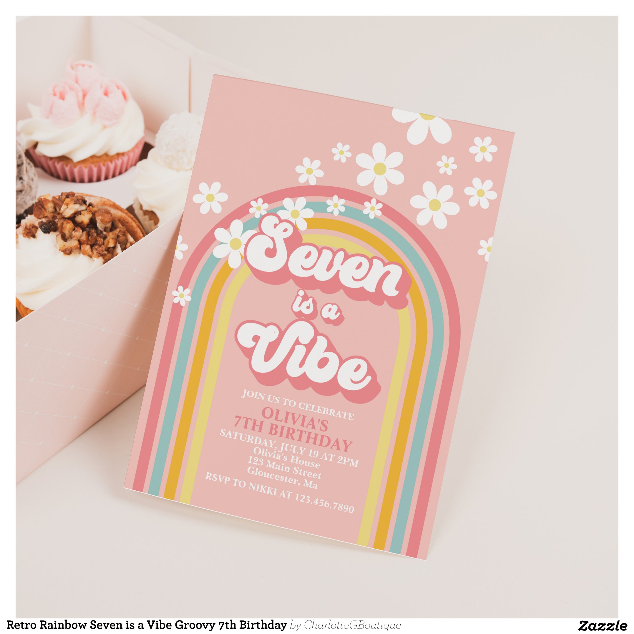 Retro Rainbow Seven is a Vibe Groovy 7th Birthday Invitation
