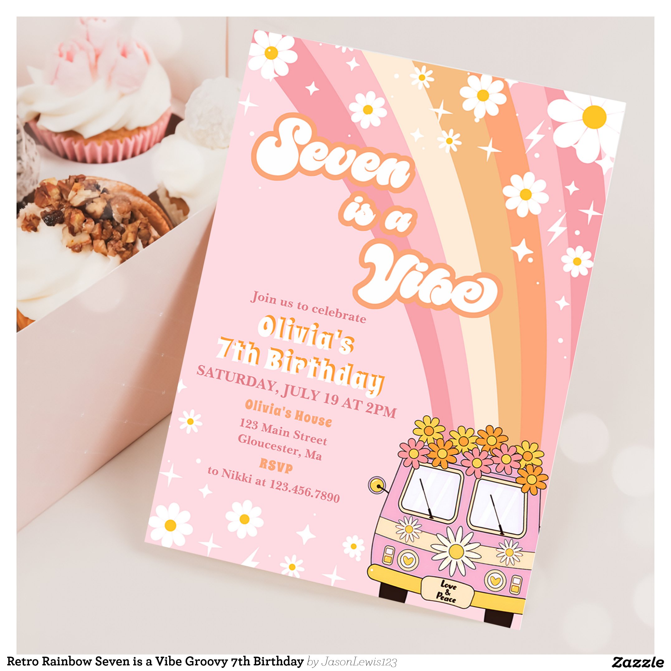 Retro Rainbow Seven is a Vibe Groovy 7th Birthday Invitation