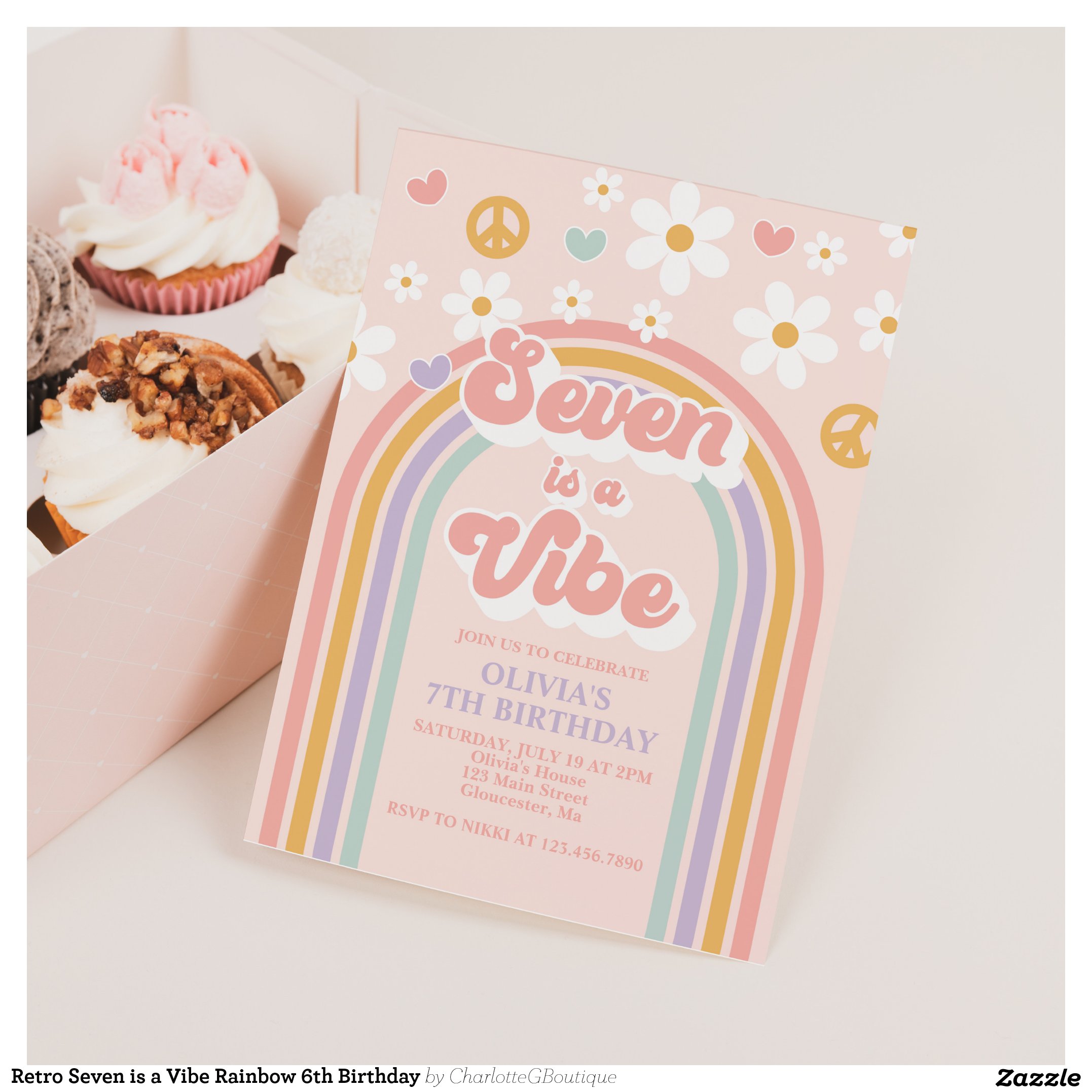 Retro Seven is a Vibe Rainbow 6th Birthday Invitation