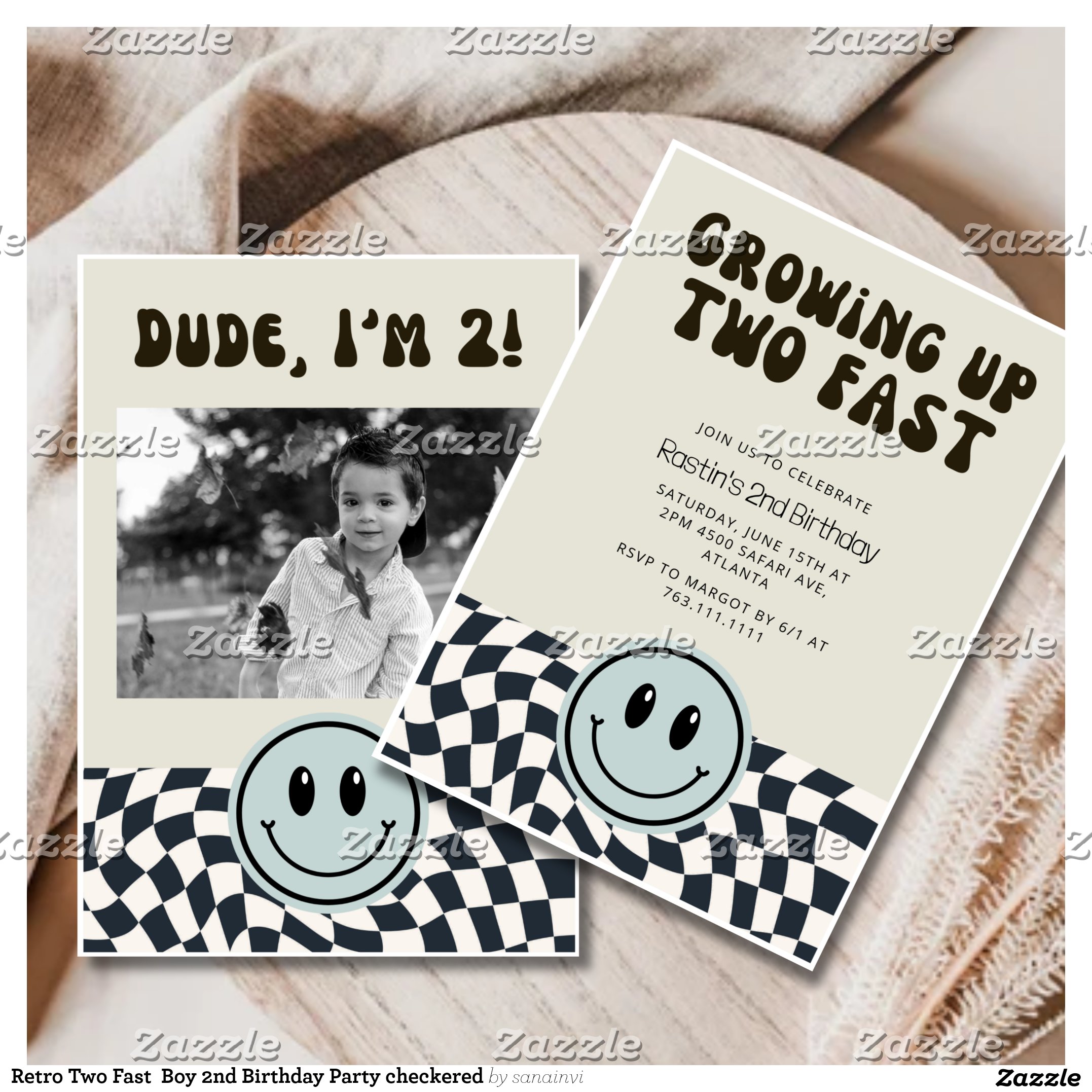 Retro Two Fast Boy 2nd Birthday Party checkered Invitation