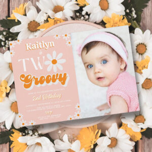 Retro Two Groovy Girls 2nd Birthday Photo Invitation