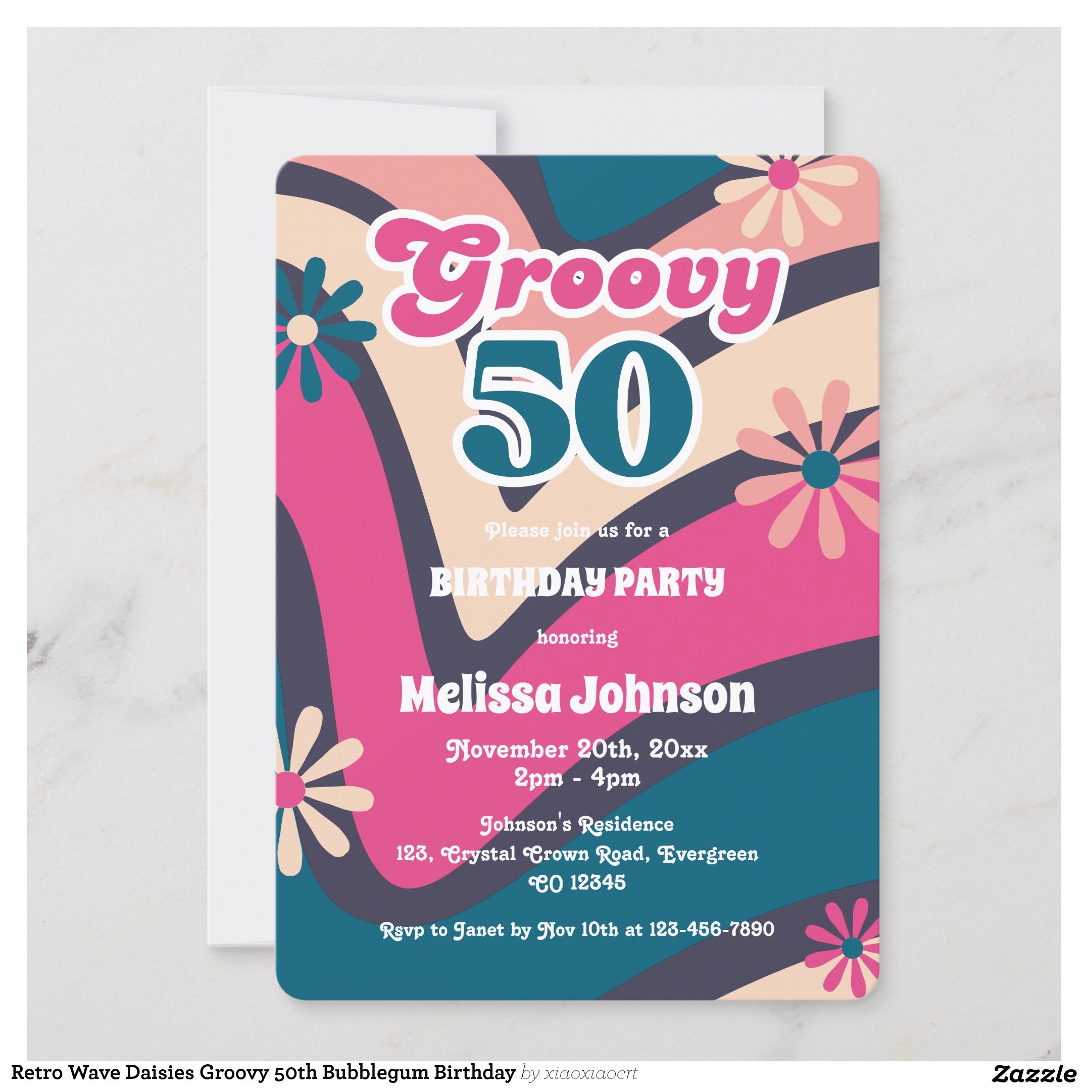 Retro Wave Daisies Groovy 50th Bubblegum Birthday Invitation