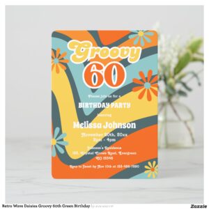 Retro Wave Daisies Groovy 60th Green Birthday Invitation