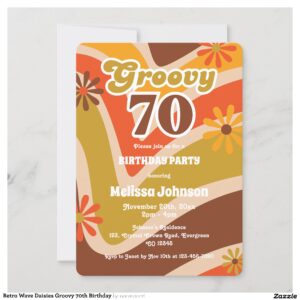 Retro Wave Daisies Groovy 70th Birthday Invitation