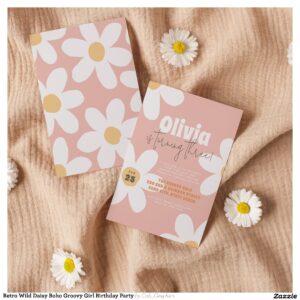Retro Wild Daisy Boho Groovy Girl Birthday Party Invitation