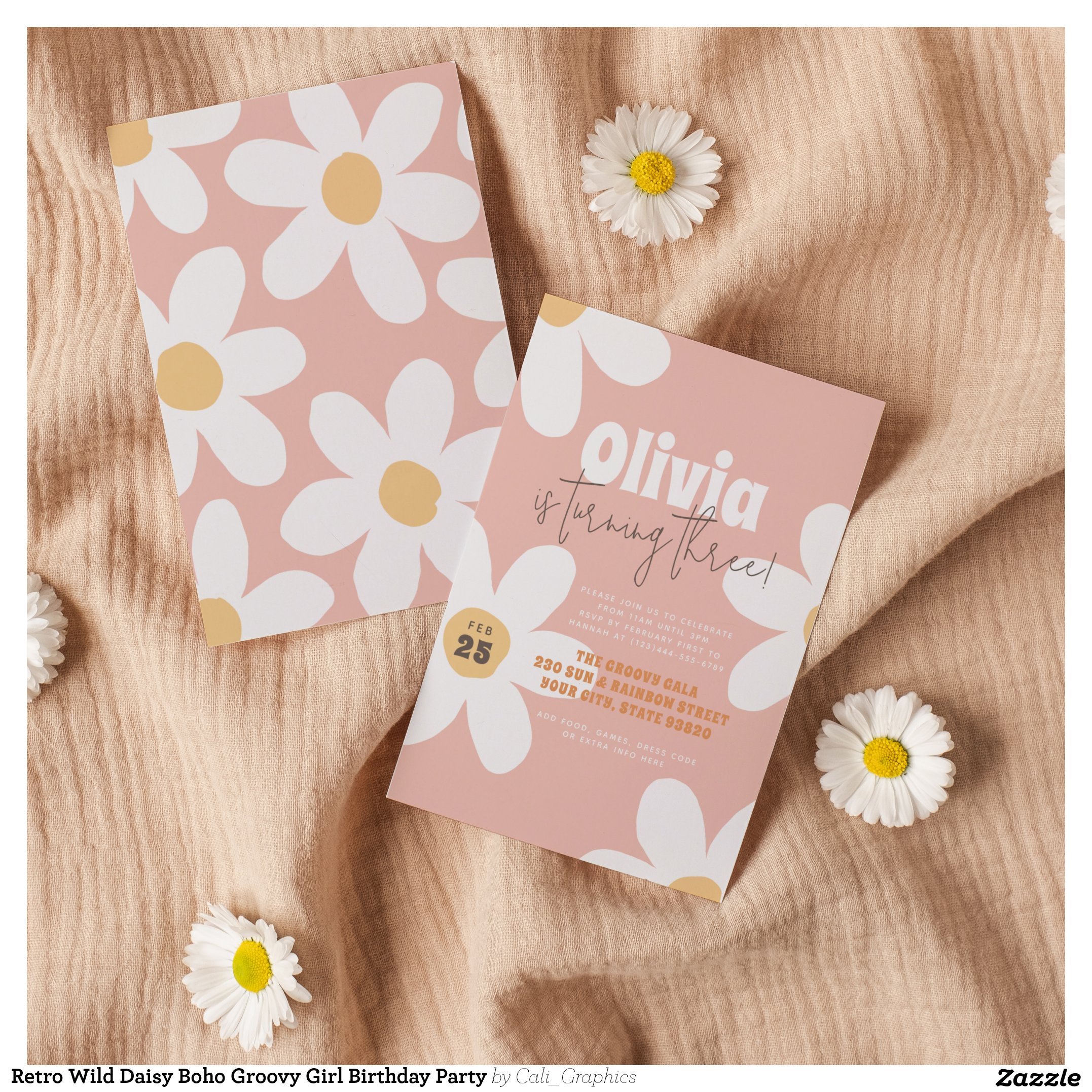 Retro Wild Daisy Boho Groovy Girl Birthday Party Invitation