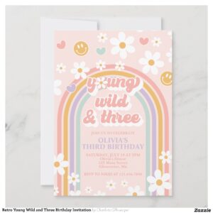 Retro Young Wild and Three Birthday Invitation