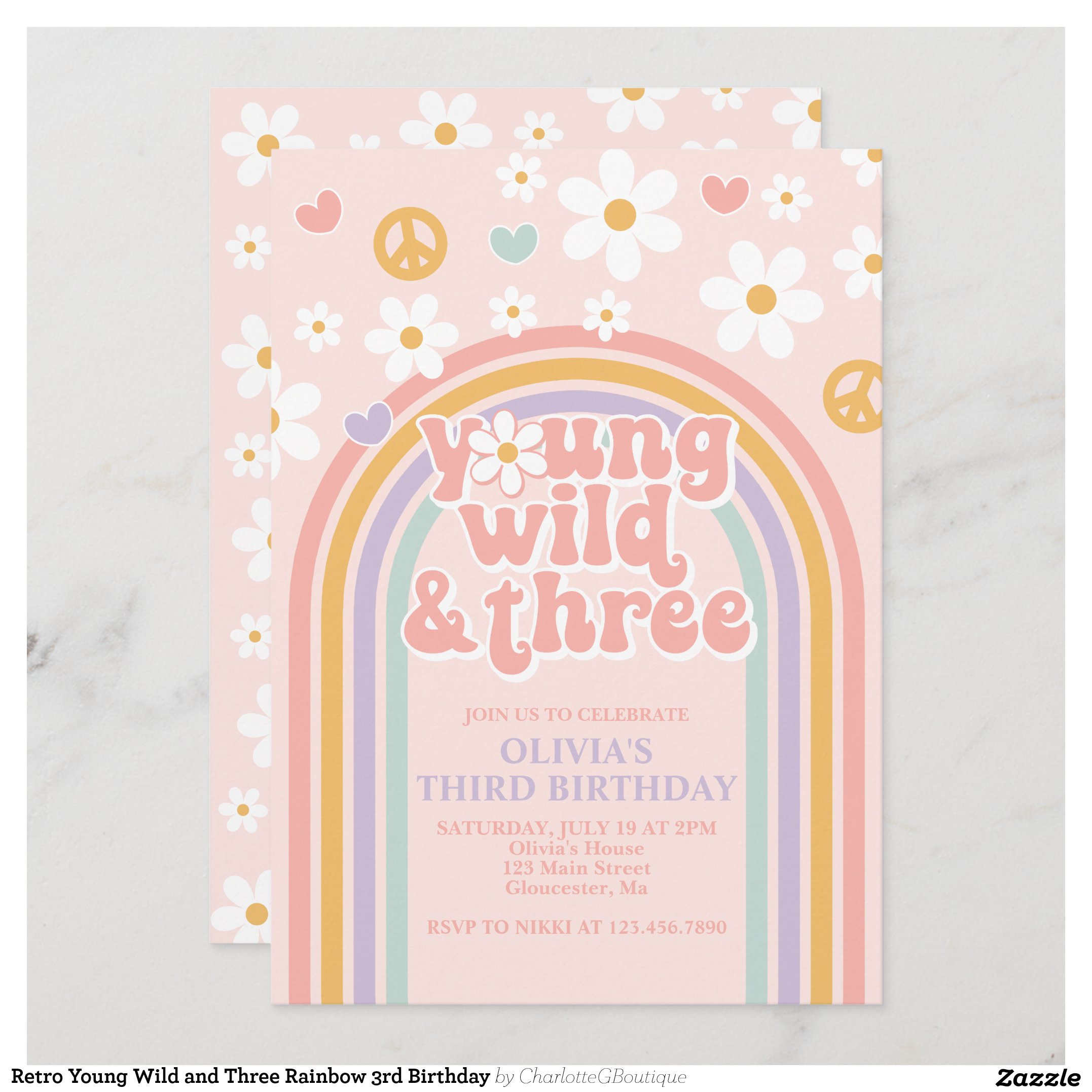 Retro Young Wild and Three Rainbow 3rd Birthday Invitation