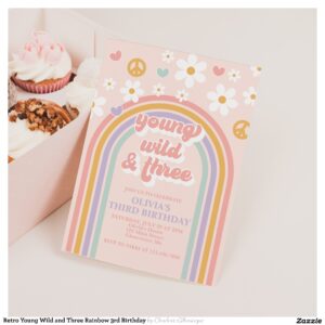 Retro Young Wild and Three Rainbow 3rd Birthday Invitation
