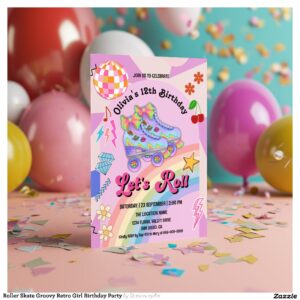 Roller Skate Groovy Retro Girl Birthday Party Invitation
