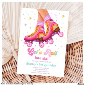 Roller Skate Let's Roll Skating Girl Birthday Invitation