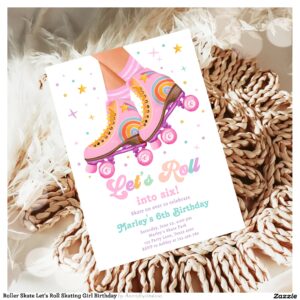 Roller Skate Let's Roll Skating Girl Birthday Invitation