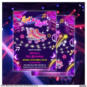 Roller Skate Retro Neon Glow Girl Birthday Party Invitation