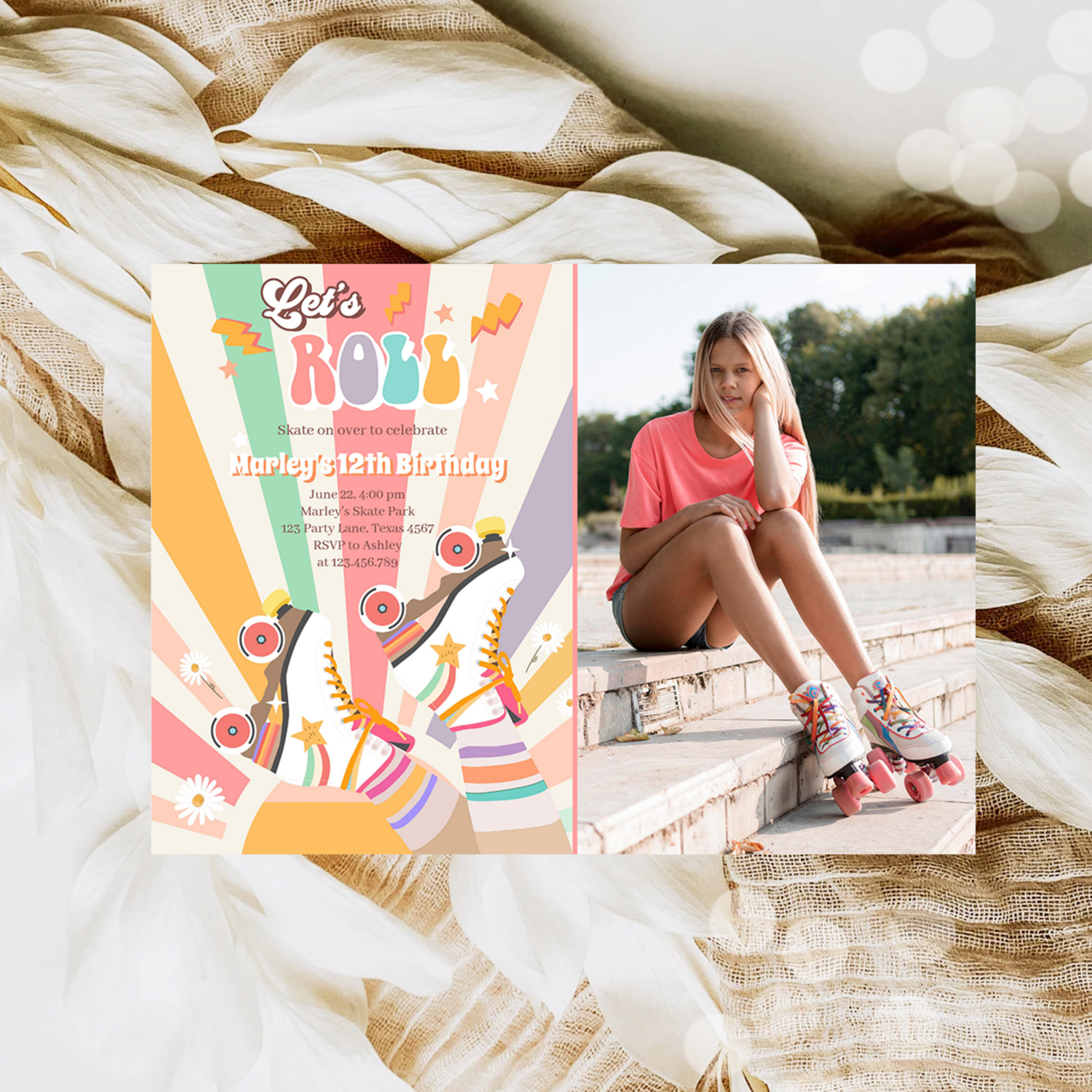 Roller Skate Skating Retro Groovy Birthday Party I Invitation