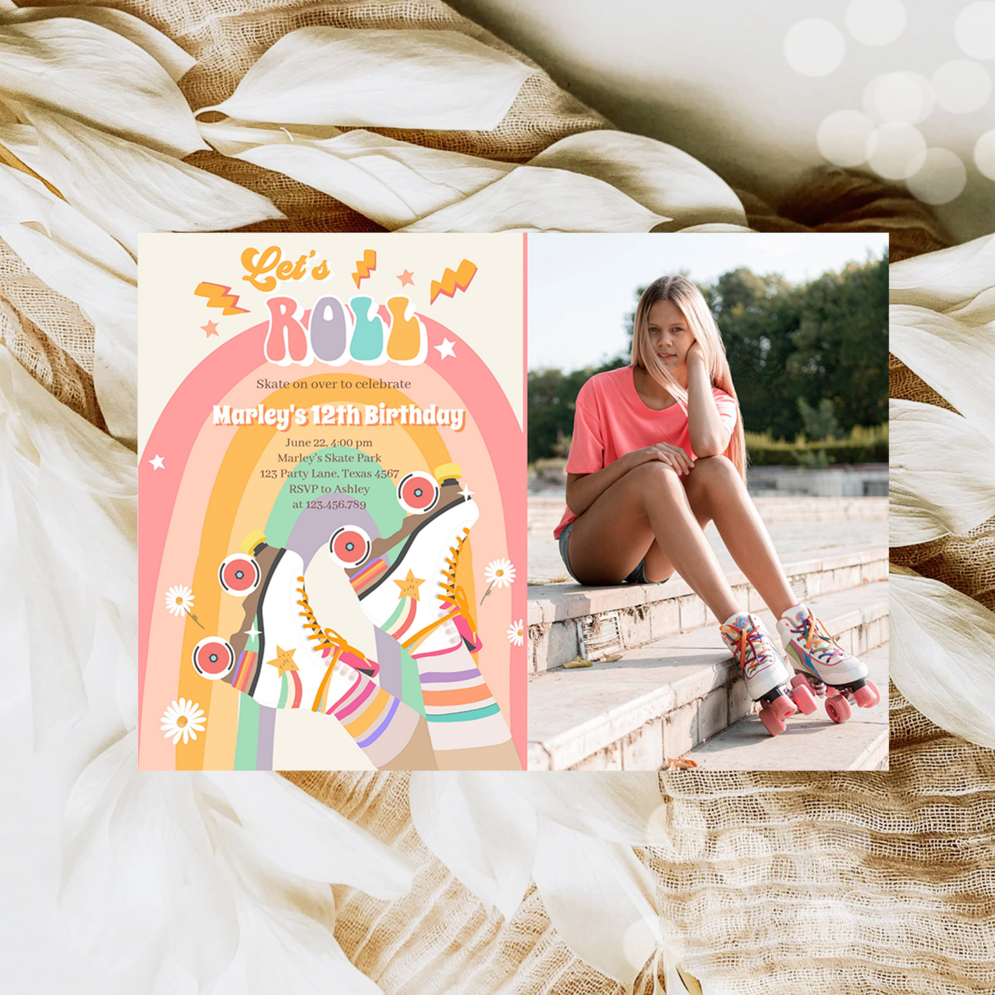 Roller Skate Skating Retro Groovy Birthday Party I Invitation