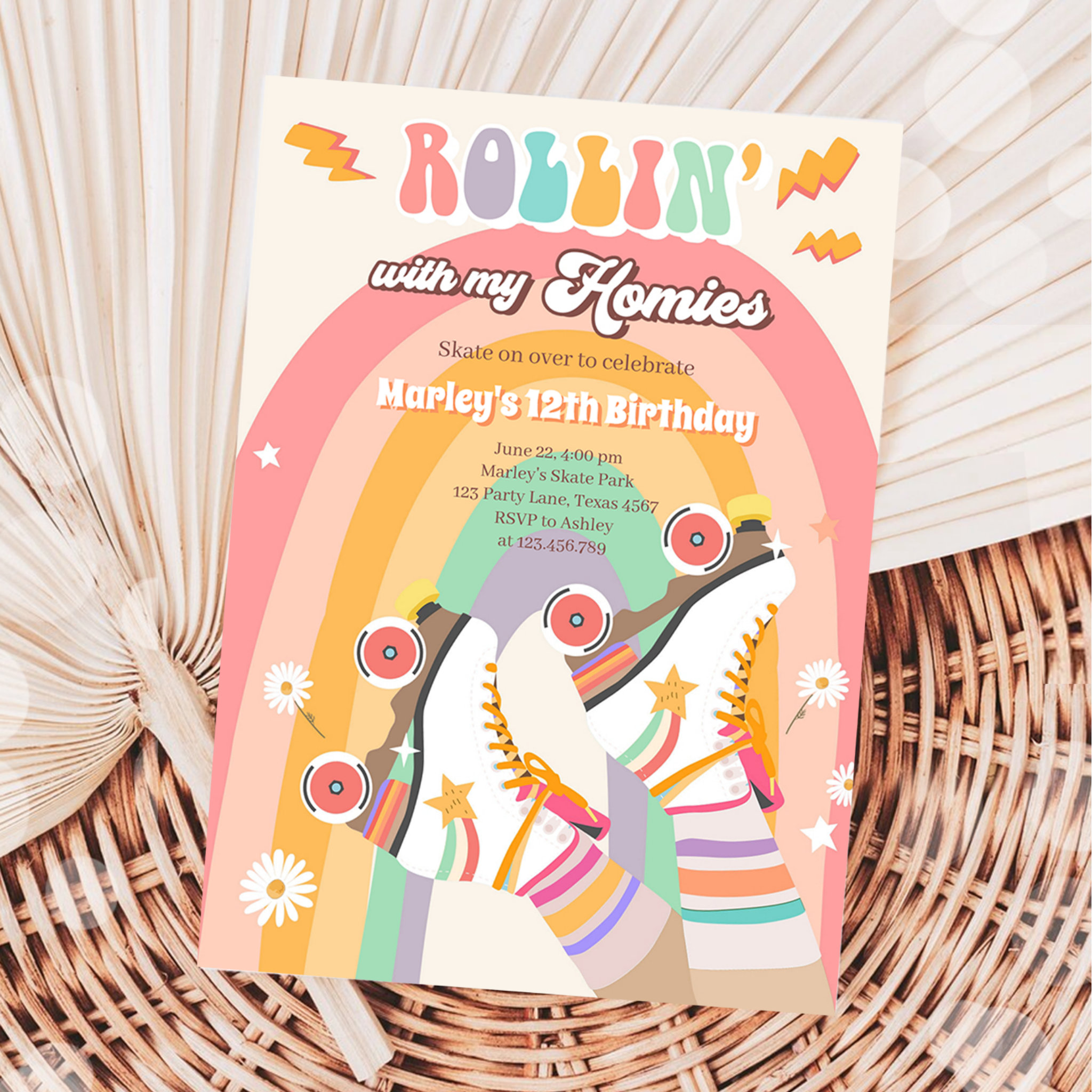 Roller Skate Skating Retro Groovy Birthday Party I Invitation