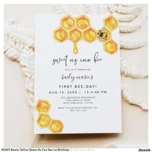 ROMY Rustic Yellow Sweet As Can Bee 1st Birthday Invitation