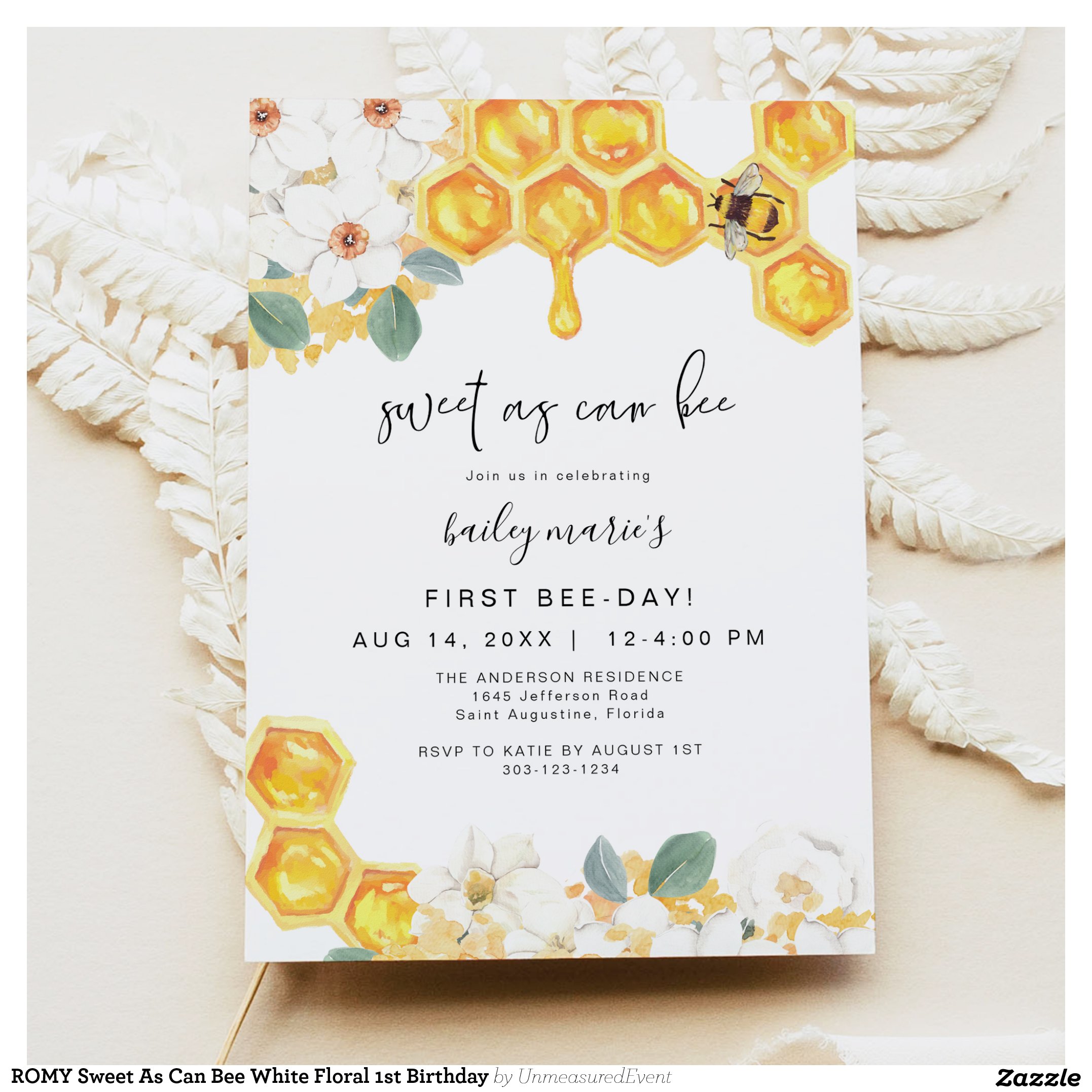 ROMY Sweet As Can Bee White Floral 1st Birthday Invitation