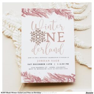 RORY Blush Winter OnderLand Pine 1st Birthday Invitation