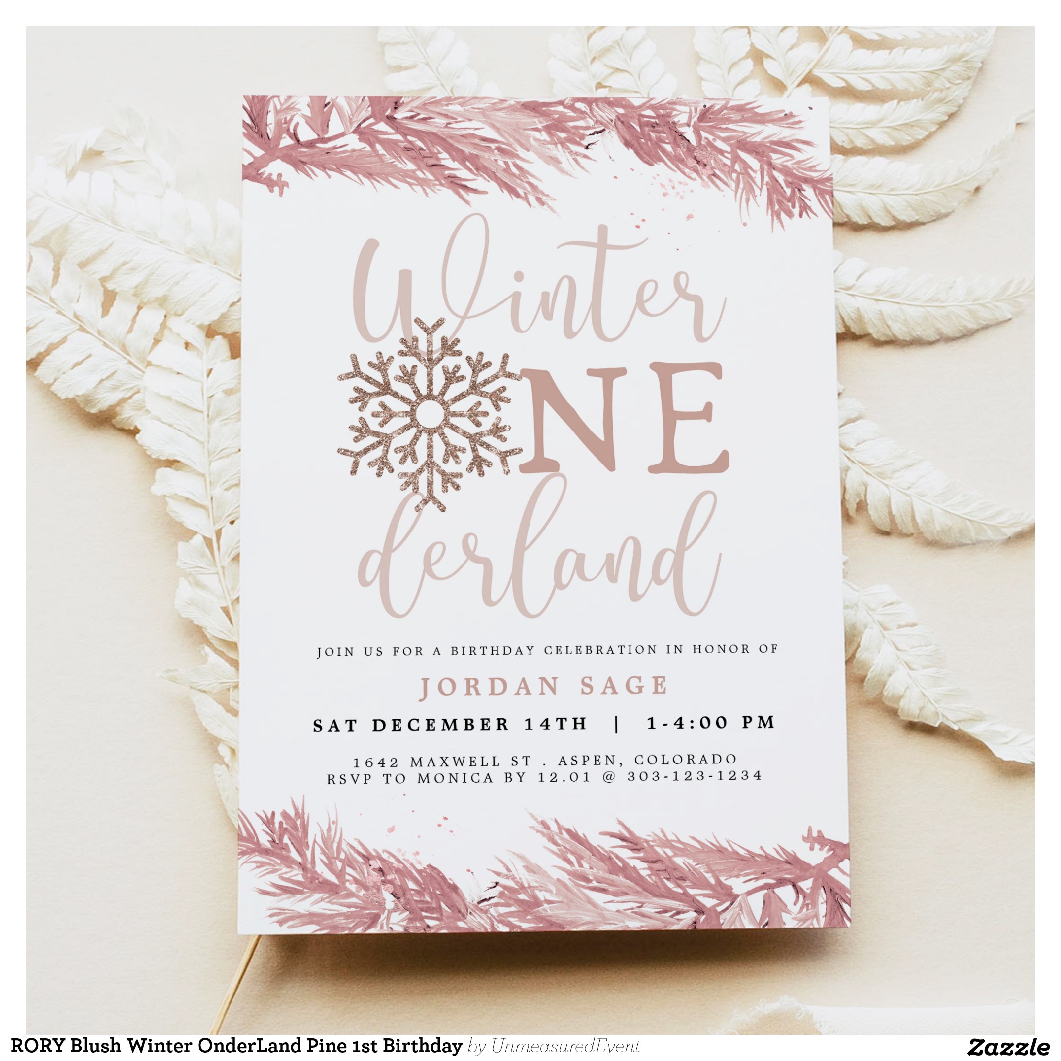 RORY Blush Winter OnderLand Pine 1st Birthday Invitation