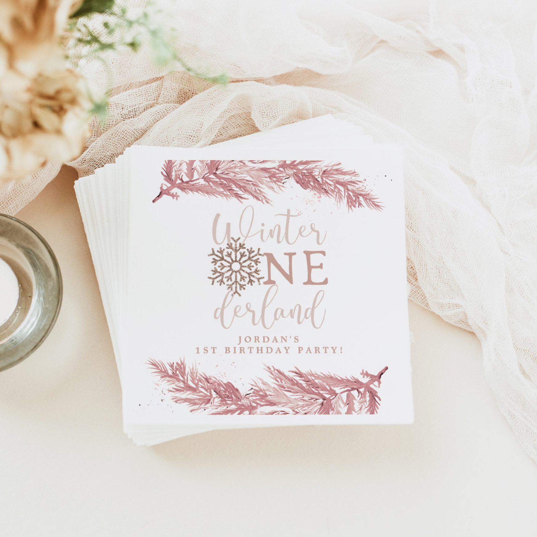 RORY Blush Winter OnderLand Pine 1st Birthday Napkins