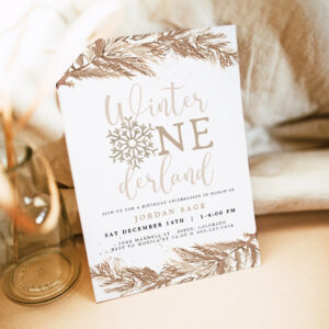 RORY Boho Beige Winter Wonderland First Birthday Invitation