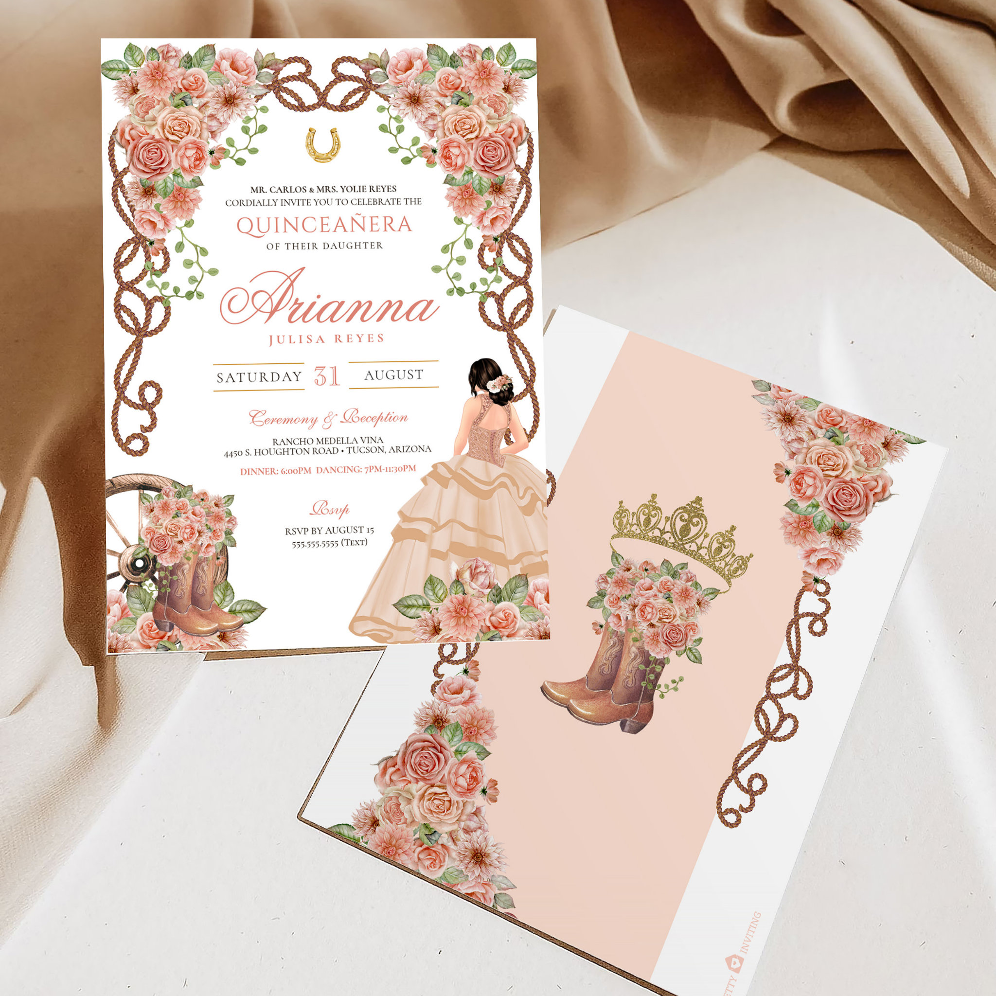 Rose Gold Charra Western Style Floral Quincea?era Invitation