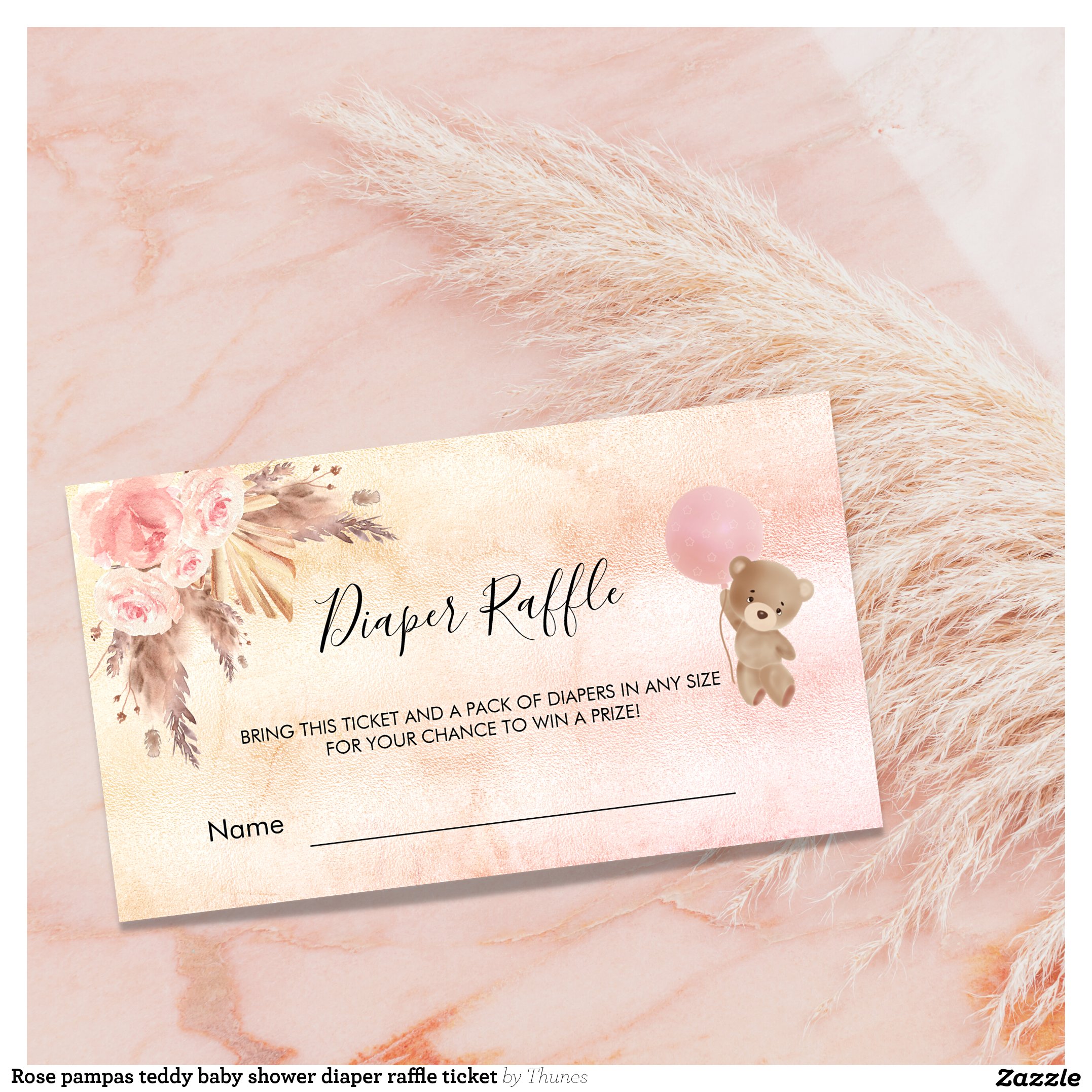 Rose pampas teddy baby shower diaper raffle ticket enclosure card