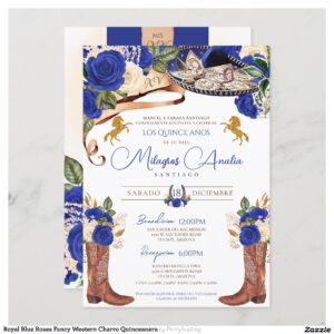 Royal Blue Roses Fancy Western Charro Quinceanera Invitation