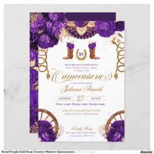Royal Purple Gold Rose Country Western Quinceanera Invitation