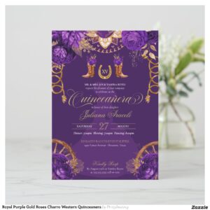 Royal Purple Gold Roses Charro Western Quinceanera Invitation