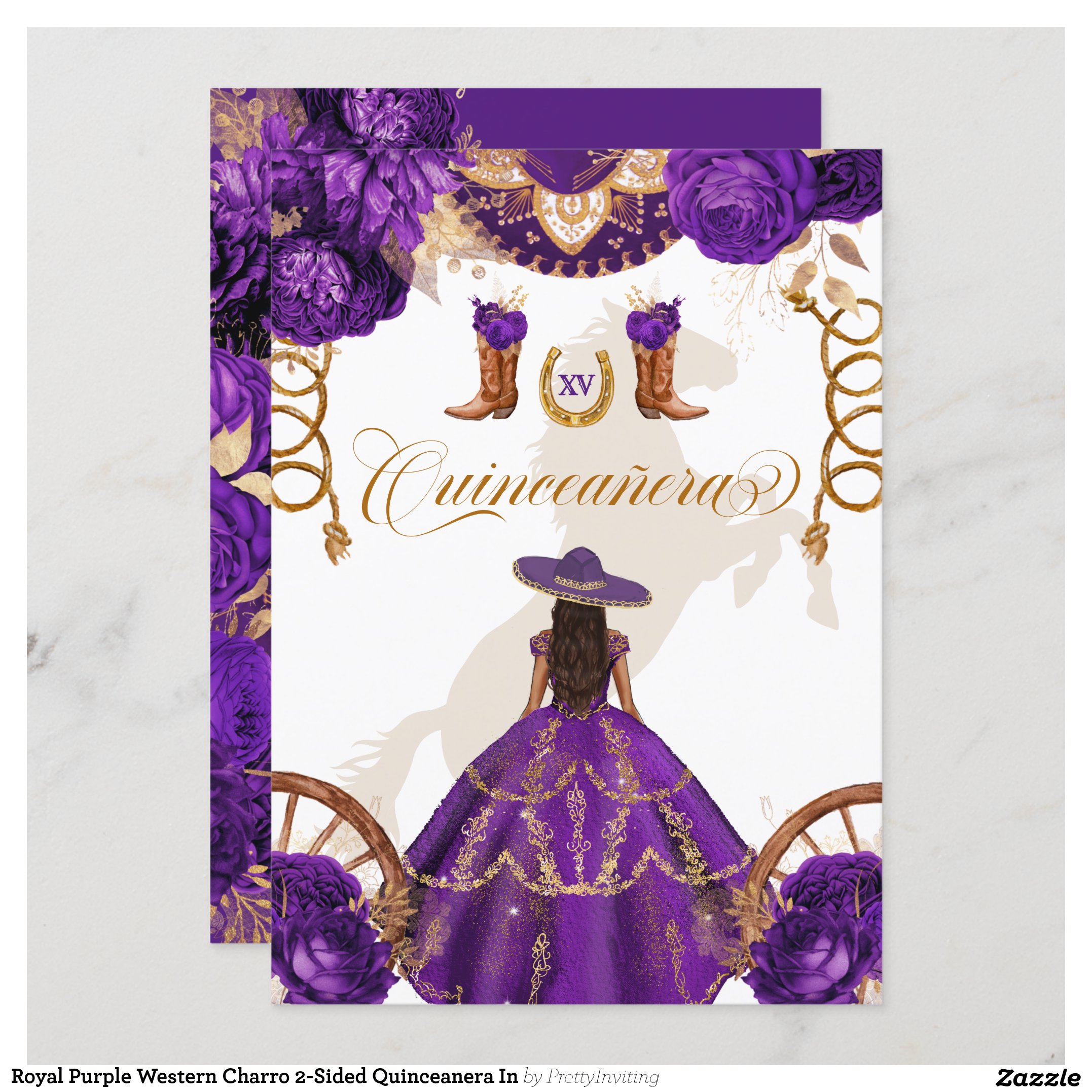 Royal Purple Western Charro 2-Sided Quinceanera In Invitation