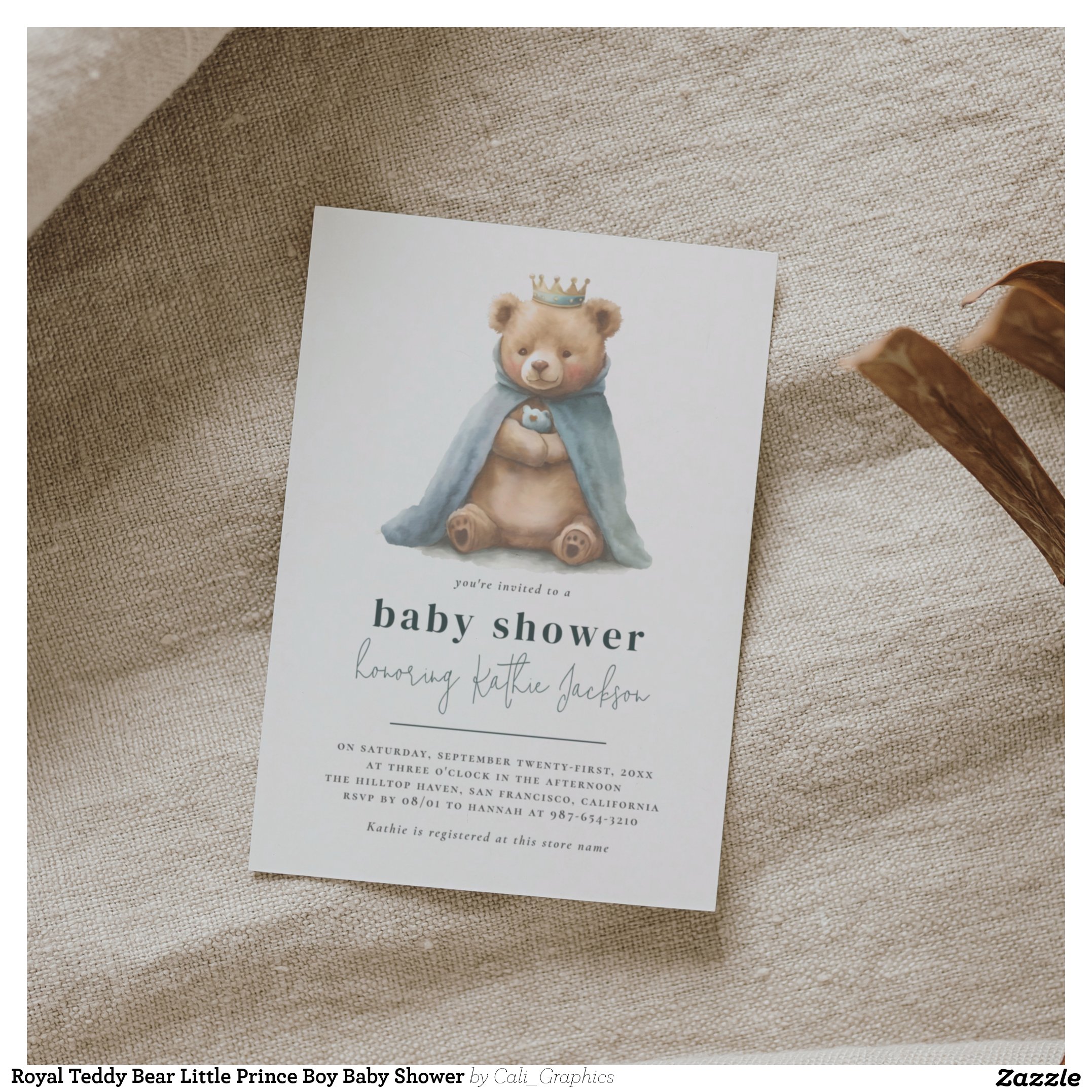 Royal Teddy Bear Little Prince Boy Baby Shower Invitation