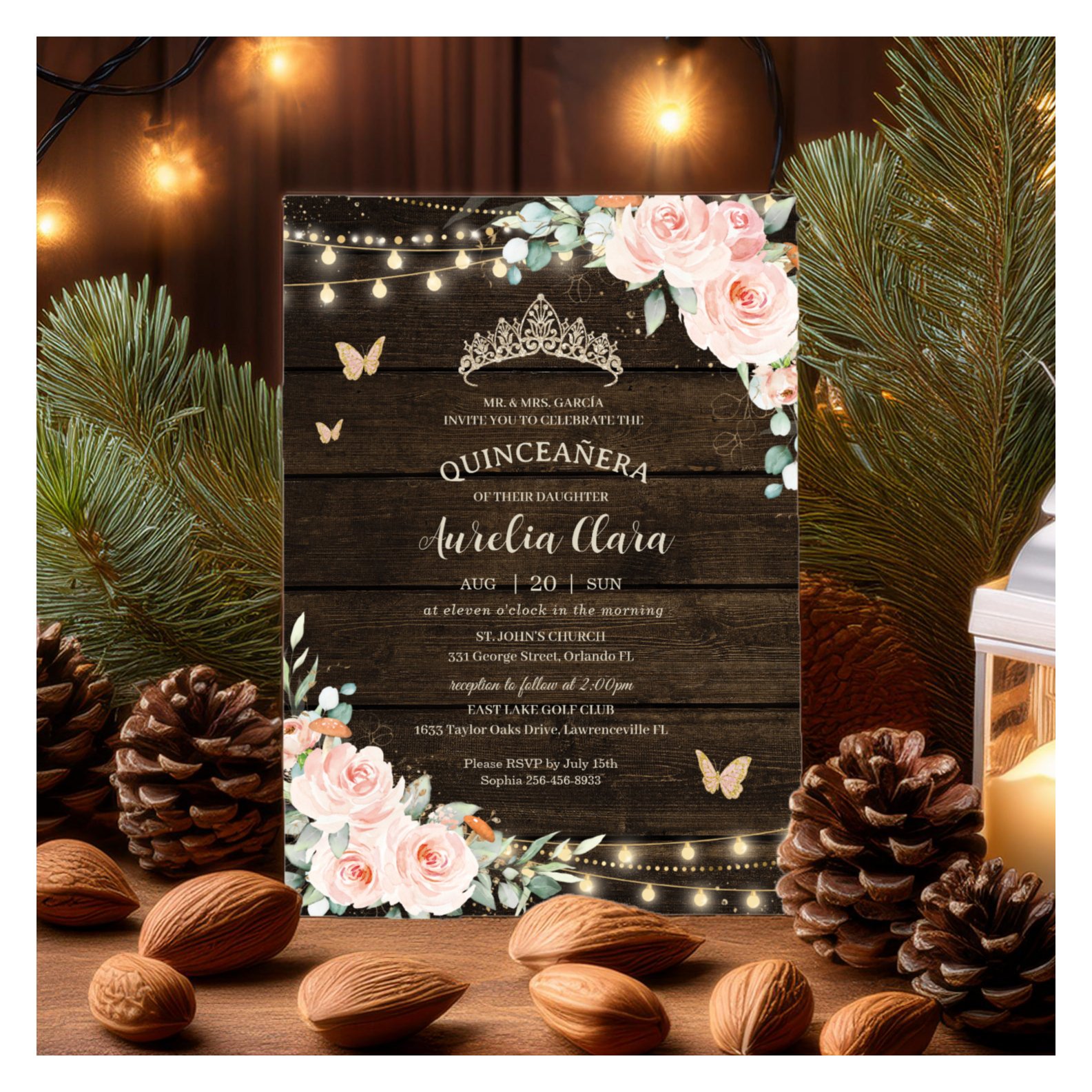 Rustic Blush Floral Enchanted Forest Quincea?era Invitation