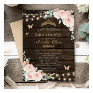 Rustic Blush Floral Enchanted Forest Quinceanera Invitation