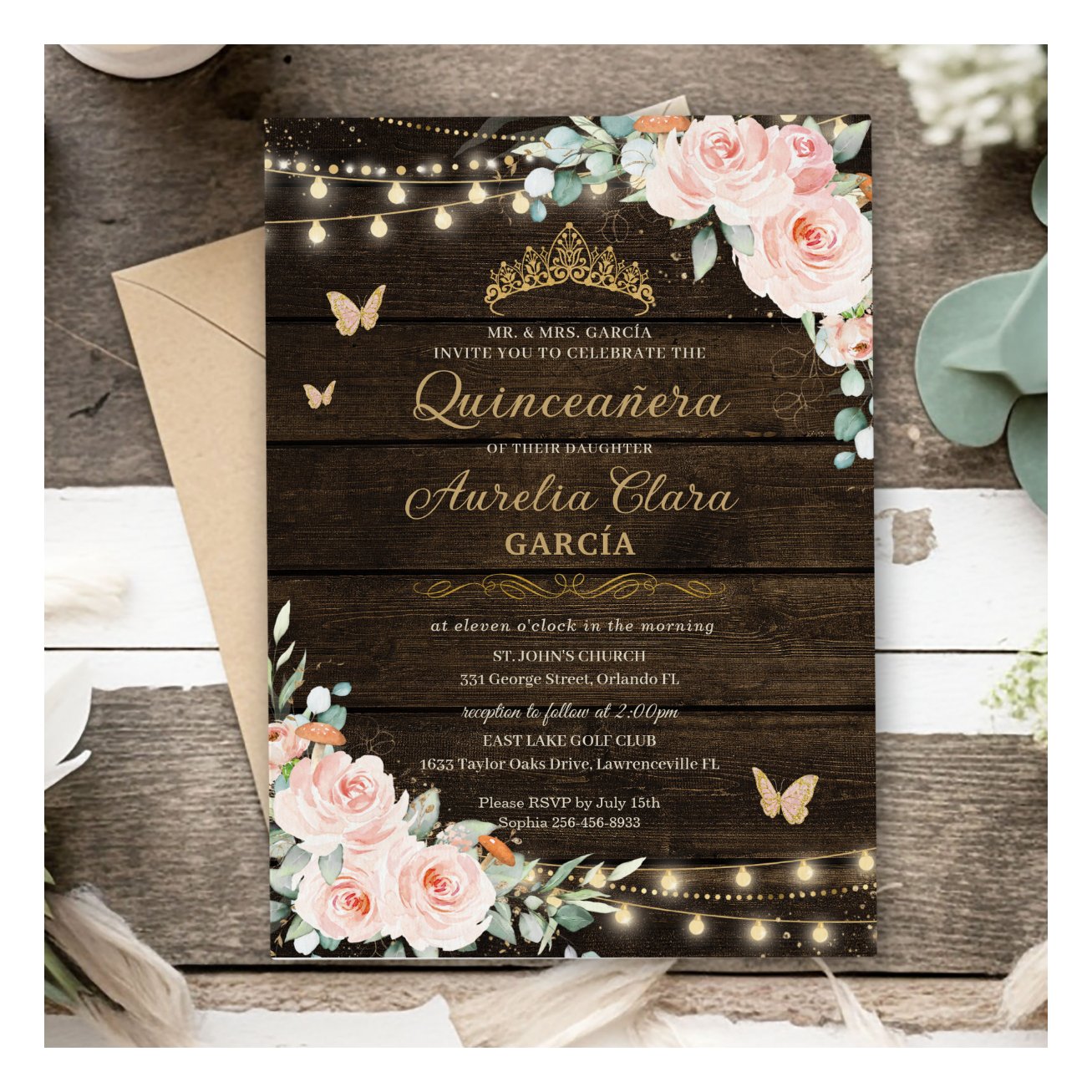 Rustic Blush Floral Enchanted Forest Quinceanera Invitation