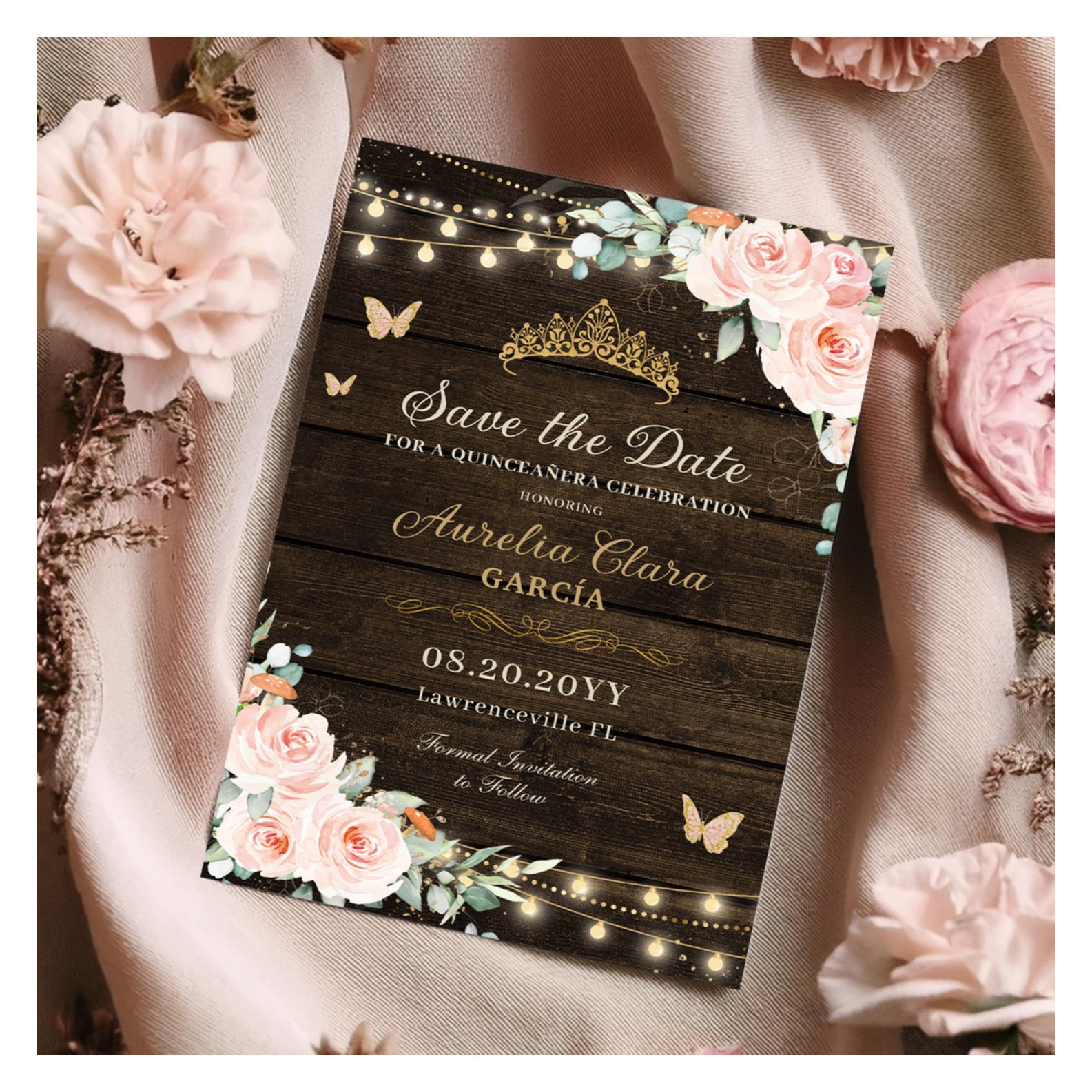 Rustic Blush Floral Enchanted Forest Quincea?era Save The Date