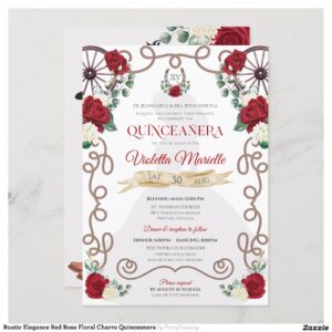Rustic Elegance Red Rose Floral Charro Quinceanera Invitation
