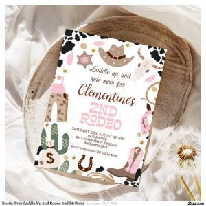 Rustic Pink Saddle Up 2nd Rodeo 2nd Birthday Invitation