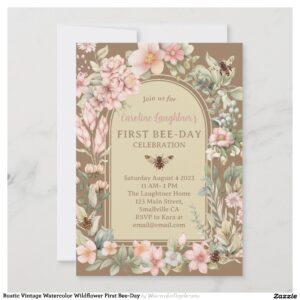Rustic Vintage Watercolor Wildflower First Bee-Day Invitation