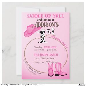 Saddle Up 1st Birthday Pink Cowgirl Boots Hat Invitation