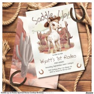 Saddle up 1st Rodeo Spotted Horse Cowboy Birthday Invitation