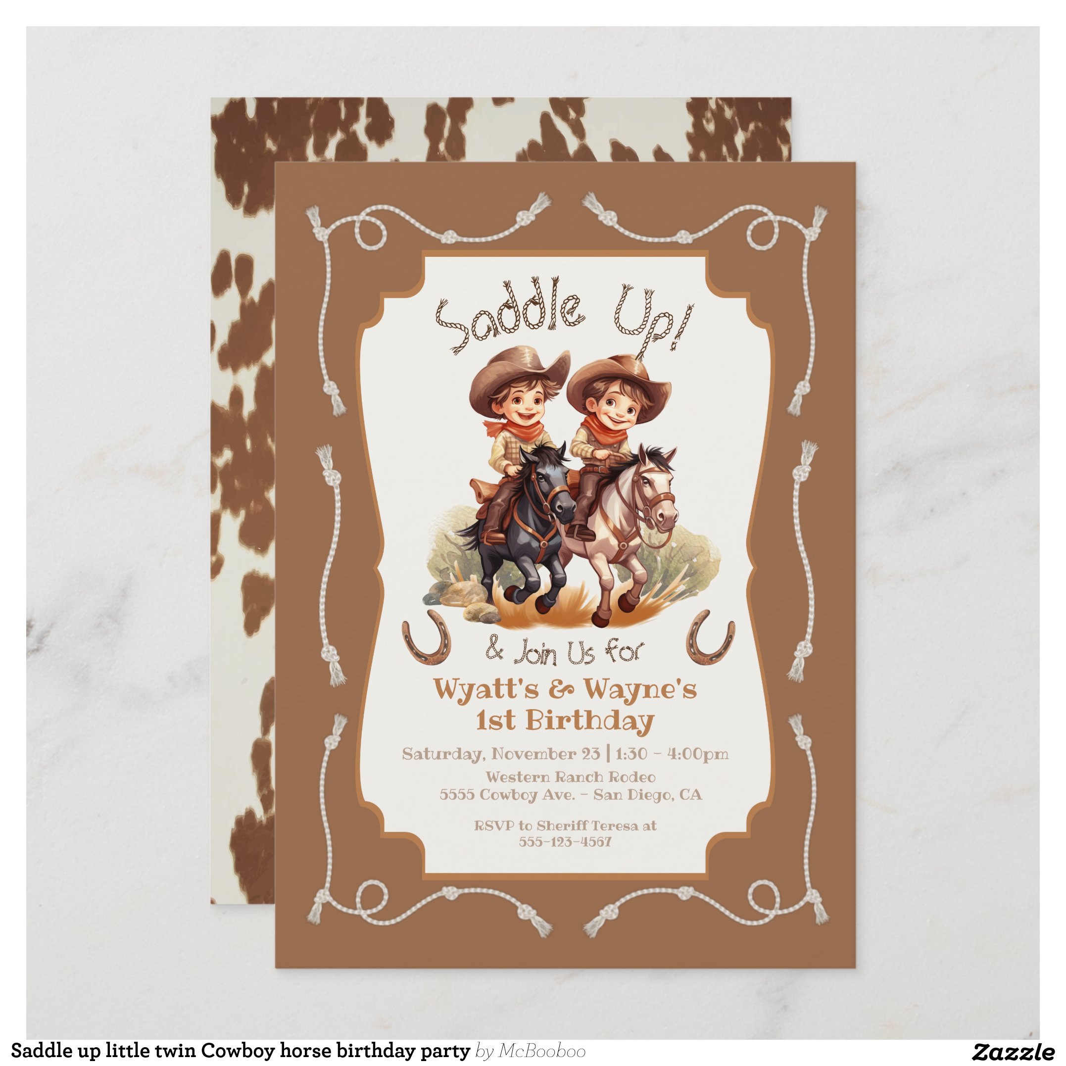Saddle up little twin Cowboy horse birthday party Invitation