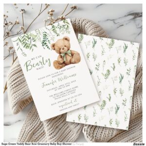 Sage Green Teddy Bear Bow Greenery Baby Boy Shower Invitation