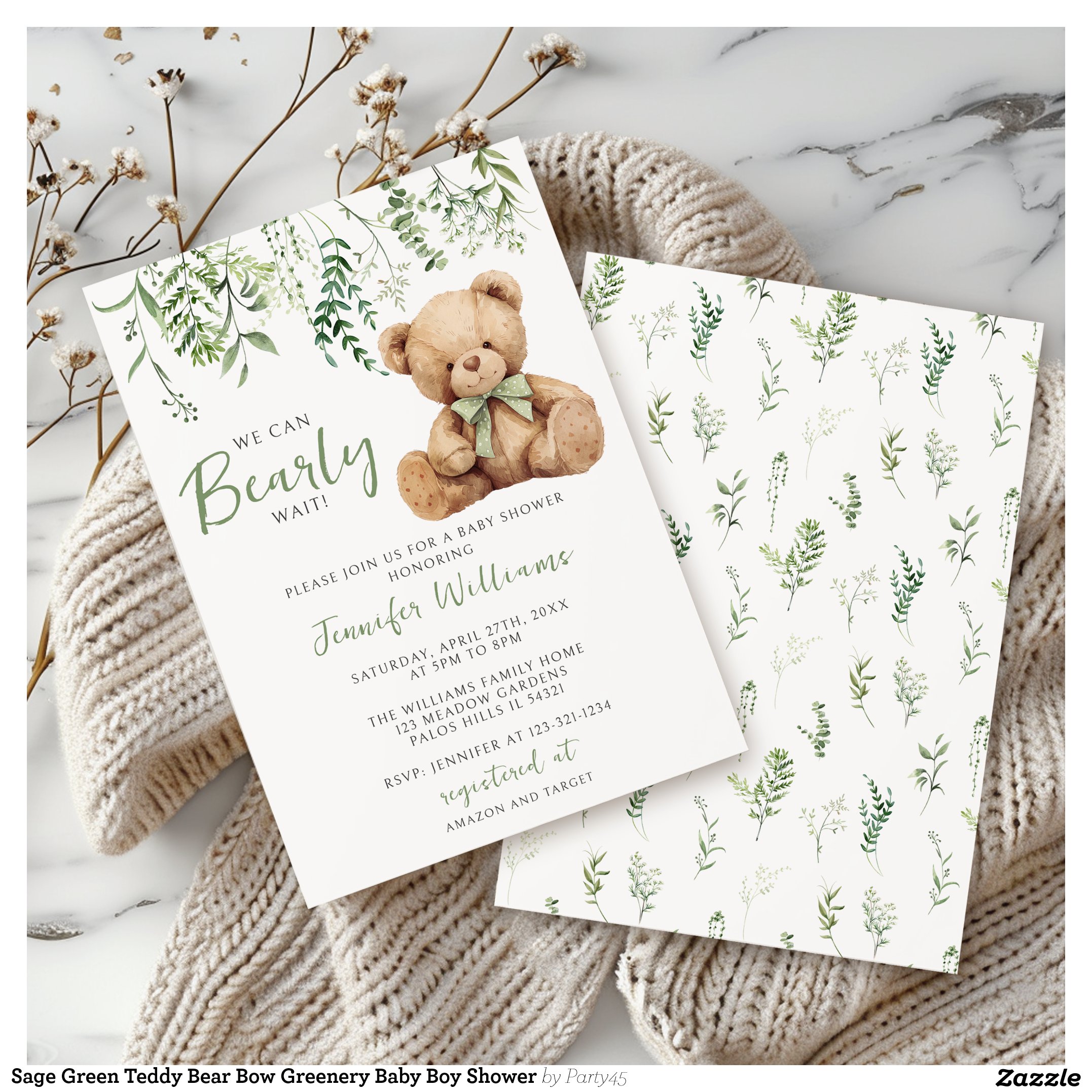 Sage Green Teddy Bear Bow Greenery Baby Boy Shower Invitation
