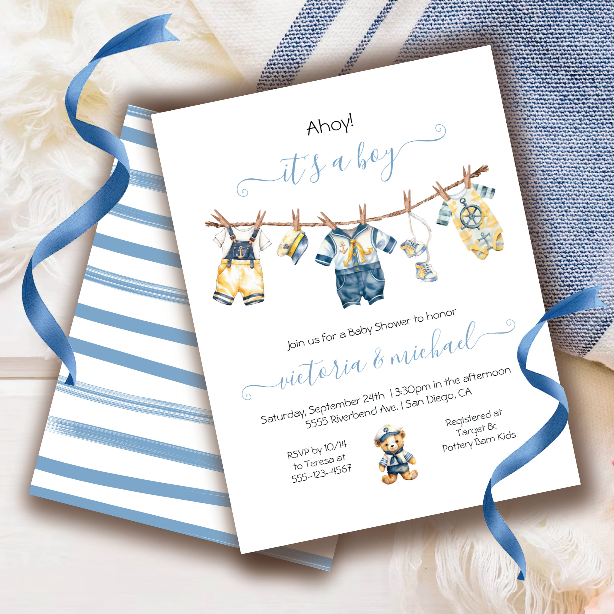 Sailor Nautical Ahoy Boy Baby Shower Clothesline Invitation
