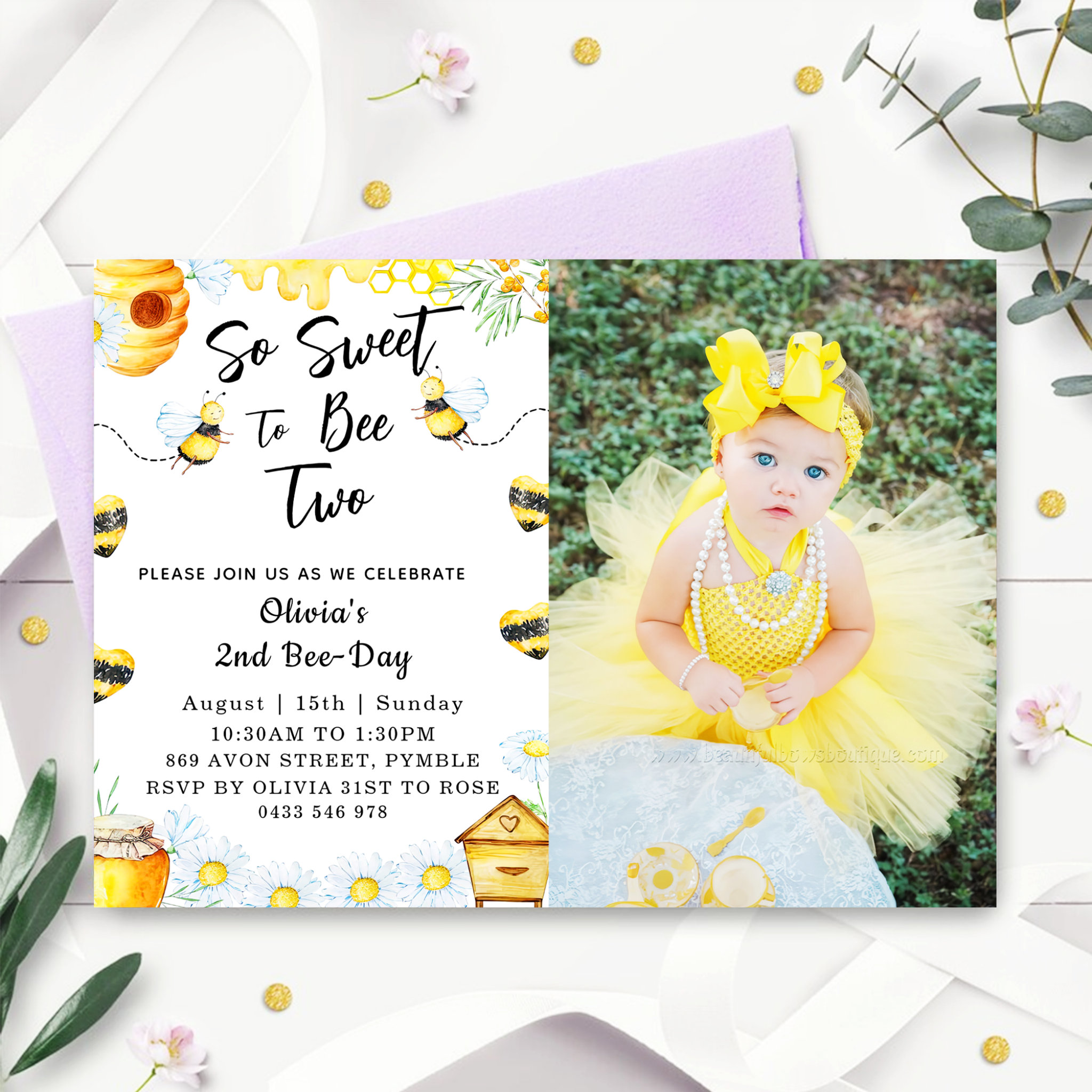 Second Bee Day So Sweet To Bee Two Bee Photo Invitation