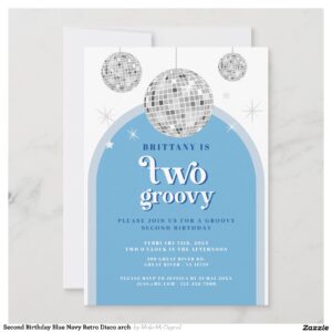 Second Birthday Blue Navy Retro Disco arch Invitation