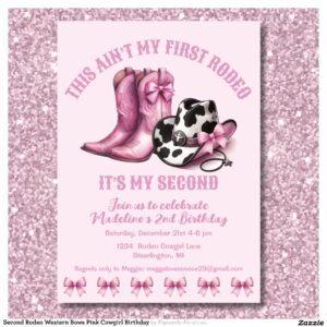 Second Rodeo Western Bows Pink Cowgirl Birthday Invitation